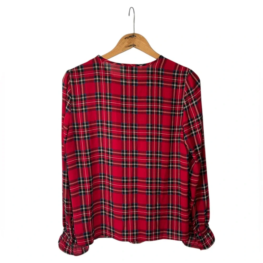 J. Crew | Women’s Red/Multi Tartan Plaid Crewneck Ruffle Sleeve Hems Top, Size S